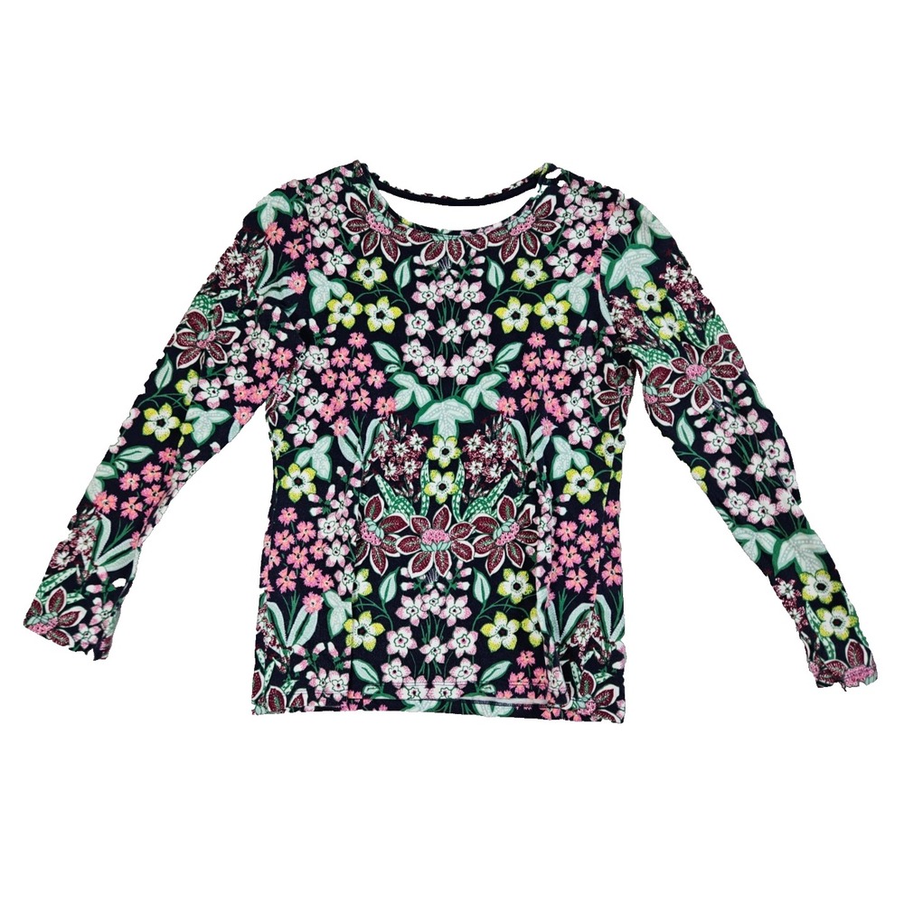 Talbots Petite Top Womens SP Navy Floral Long Sleeve Cotton Stretch Shirt